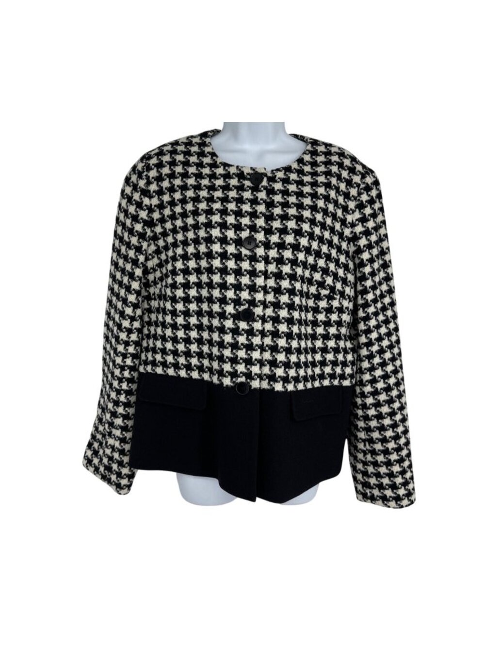 Talbots Womens Houndstooth Wool Blend Blazer Jacket Size 14 Black & White